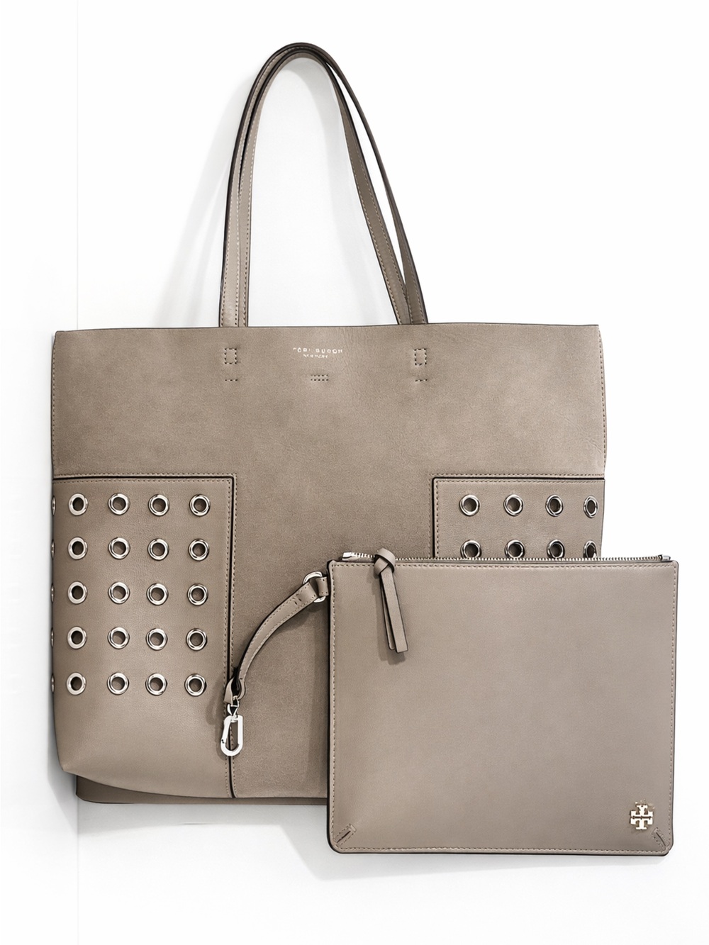 Tory Burch Suede/Leather Tote & Pouch Set – Taupe